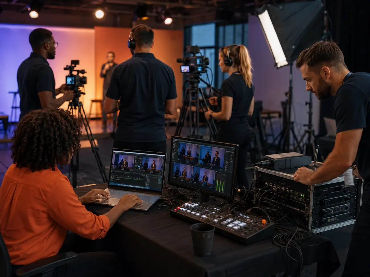 Black and white technical team operating a livestream setup