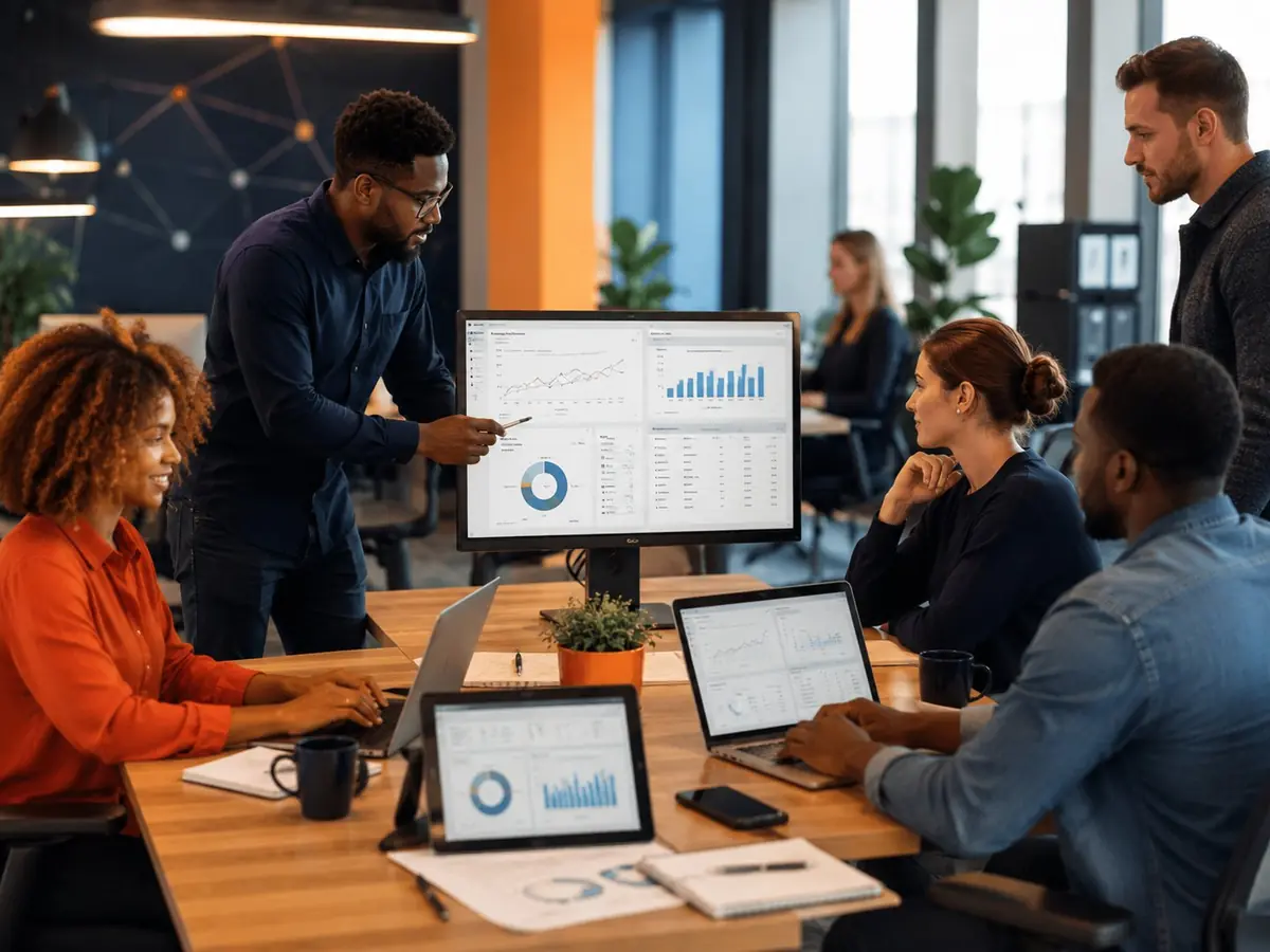 Diverse team reviewing digital marketing analytics and campaign performance