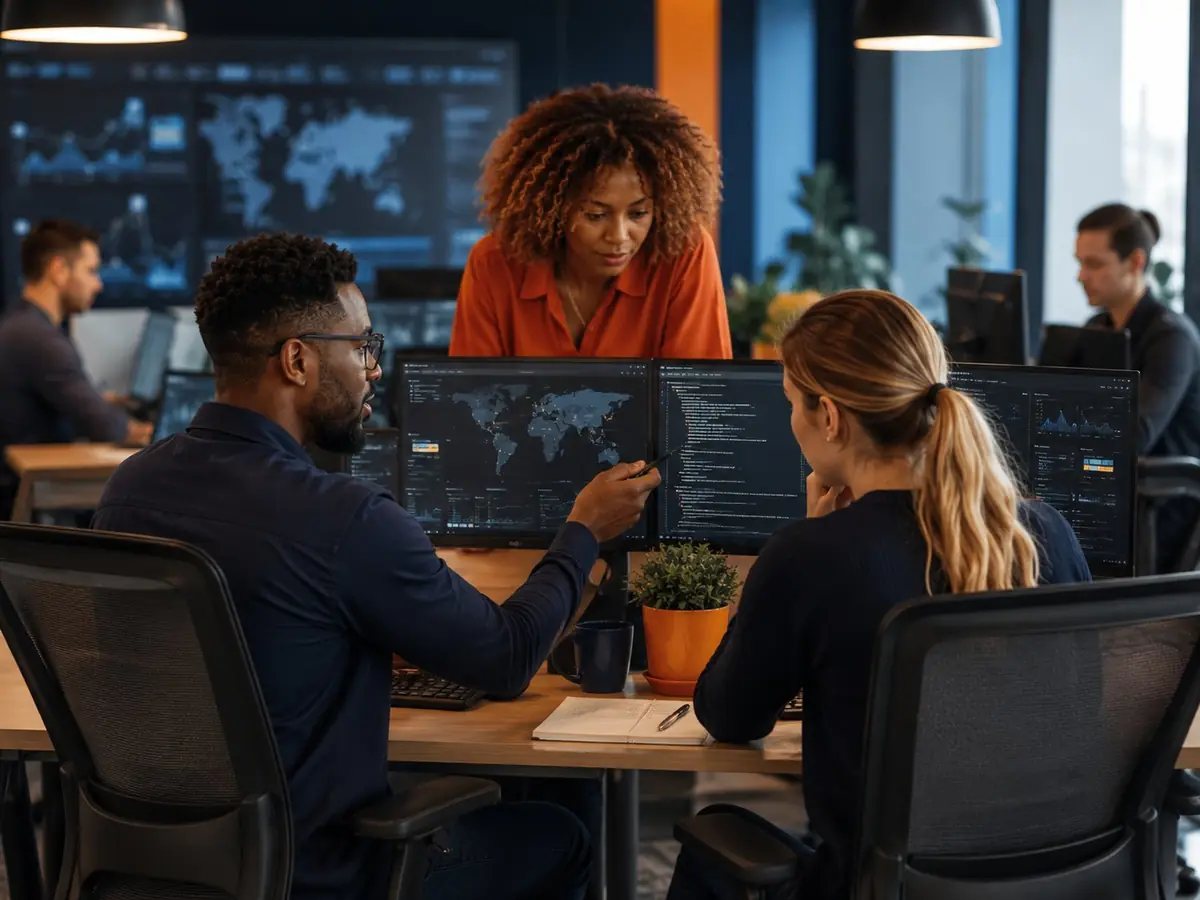 Black and white cybersecurity professionals monitoring website security