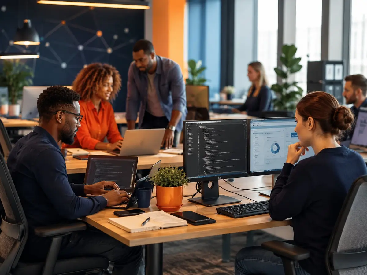 Diverse IT professionals collaborating during consultancy and training