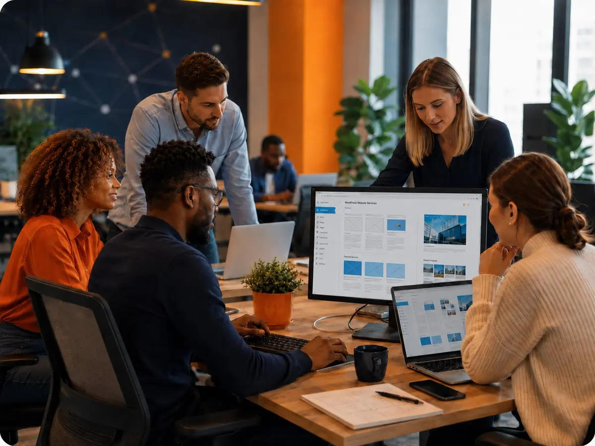 Black and white professionals collaborating on WordPress website design